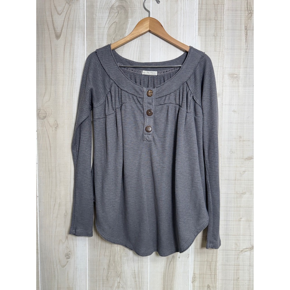 We The Free Free People Gray Waffle Knit Thermal Henley Lace Trim Top Small